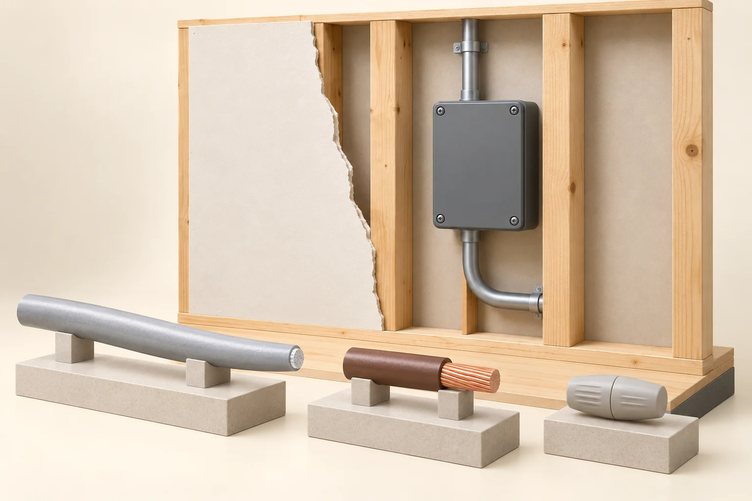 Long silver-toned sheathed teaching specimen, shorter brown-insulated copper-toned stranded-looking specimen and a detached gray capsule on separate blocks, in front of a closed wall enclosure