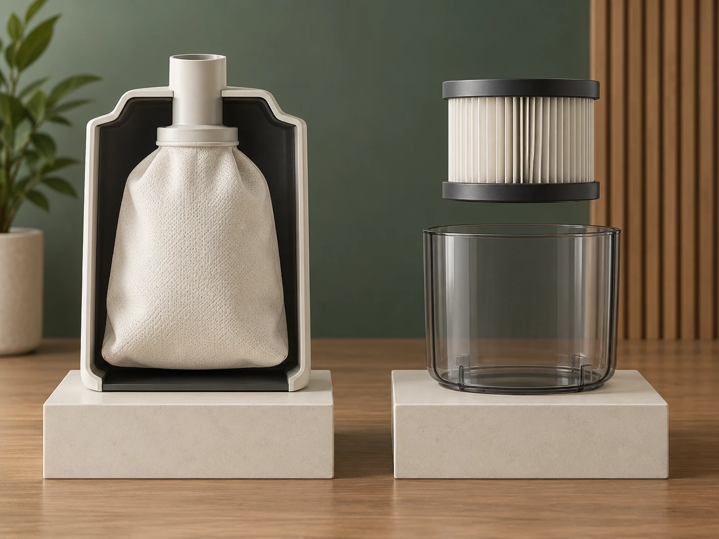 Two illustrated collection examples: a bag inside a cutaway housing at left, and a pleated filter shown above a separate collection container at right.