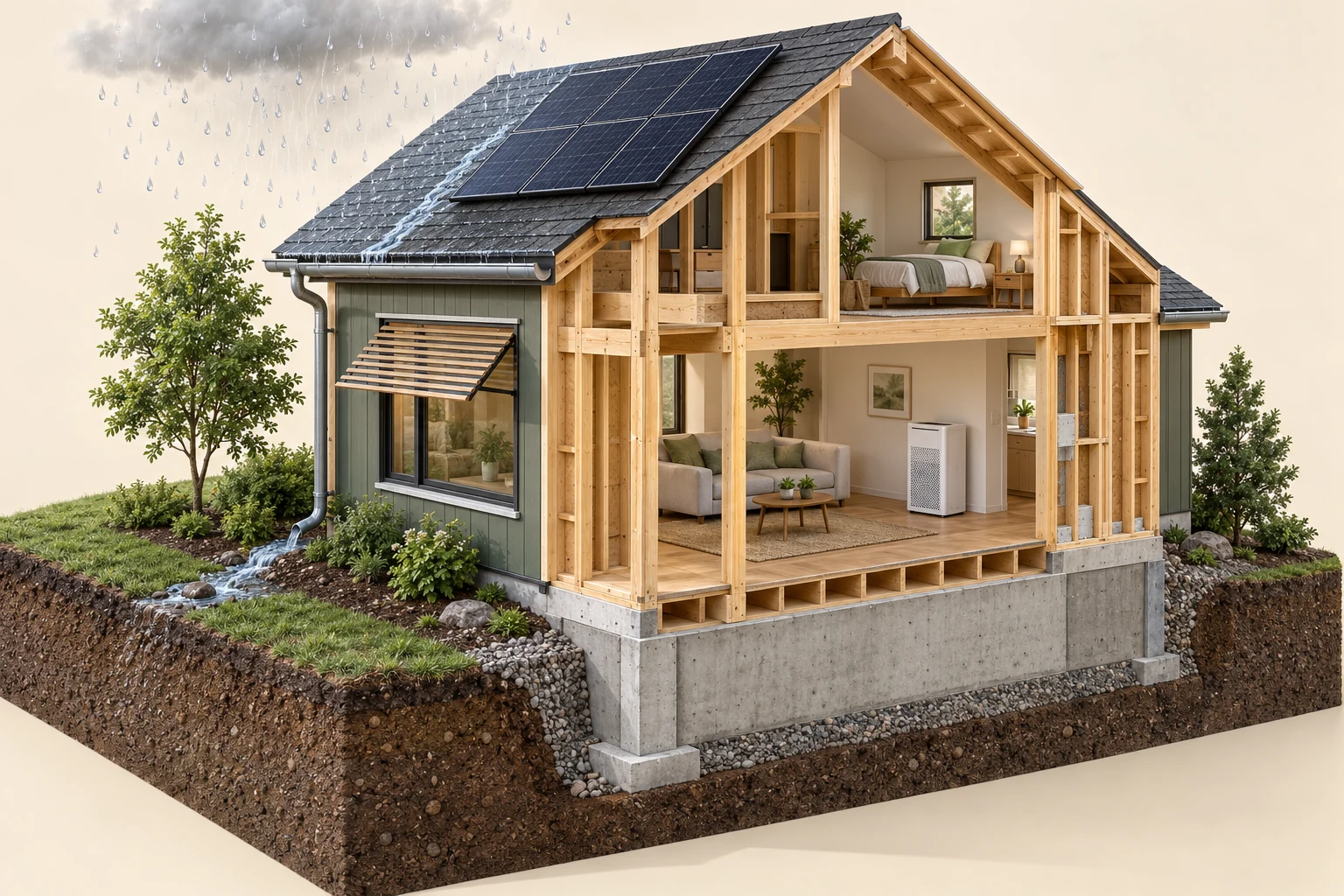 Conceptual open-frame house and soil cutaway with rain, roof runoff, surface discharge, solar panels, window shading and a closed indoor air cleaner.