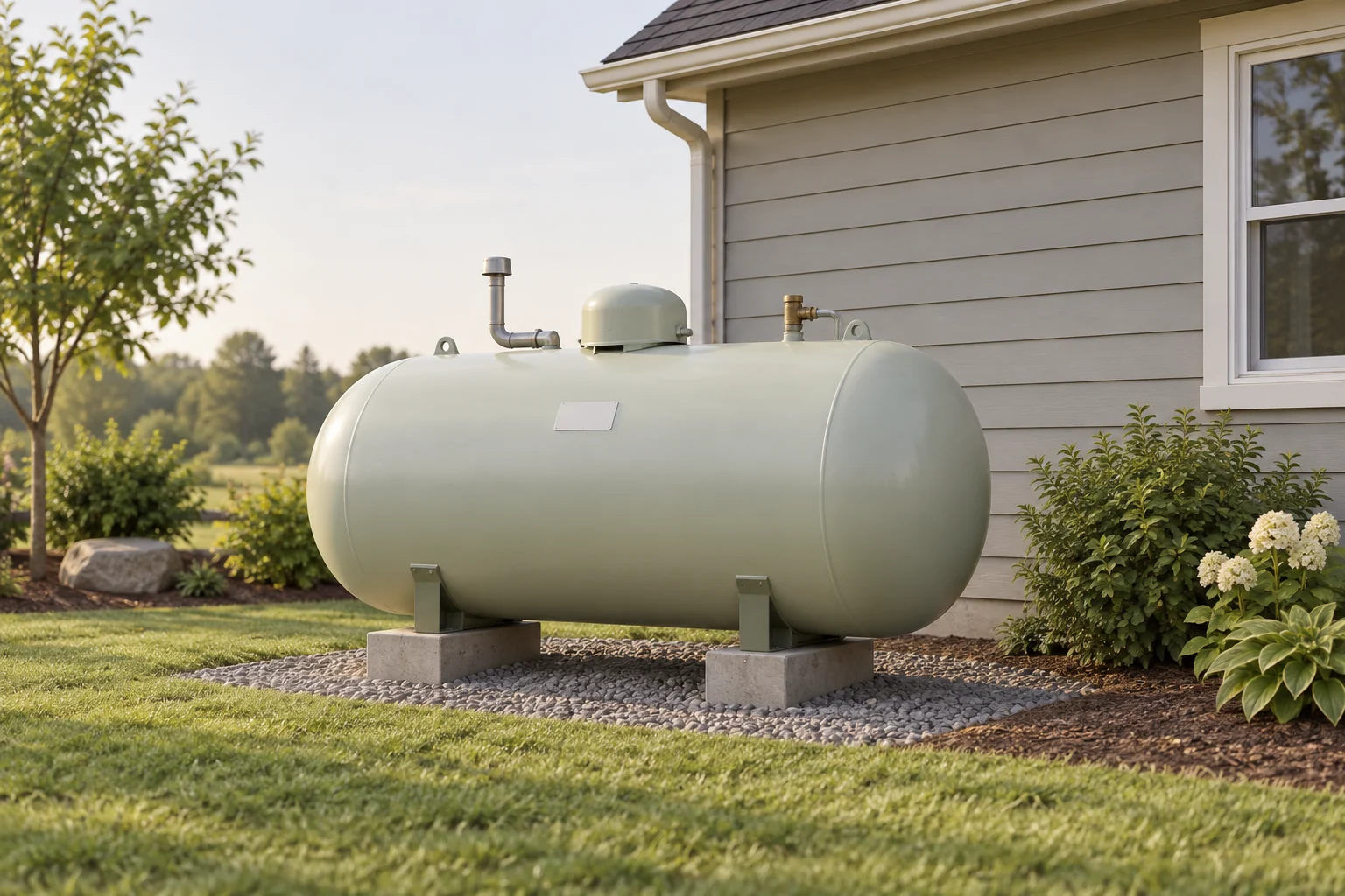 Fictional exterior view of a closed pale horizontal tank-like vessel on illustrated supports and concrete blocks beside a house wall, gravel, lawn, planting and roof edge, with an unmarked front plate and unidentified top fittings.