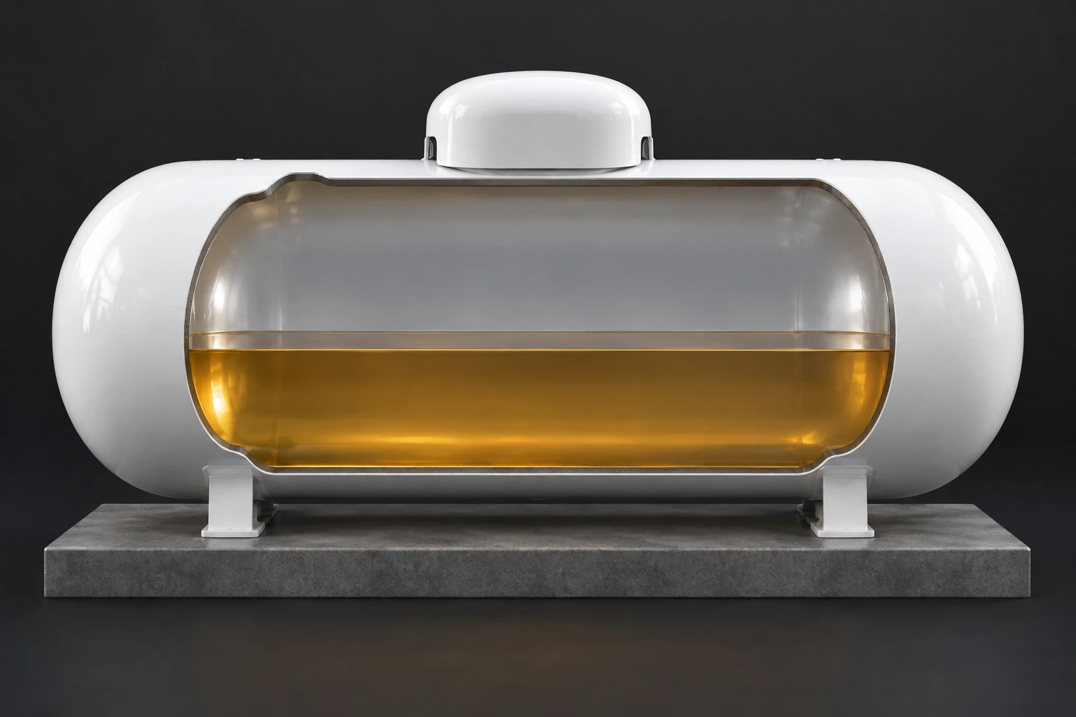 Conceptual white tank cutaway with amber-coloured liquid below a clear vapour space and a closed top hood.
