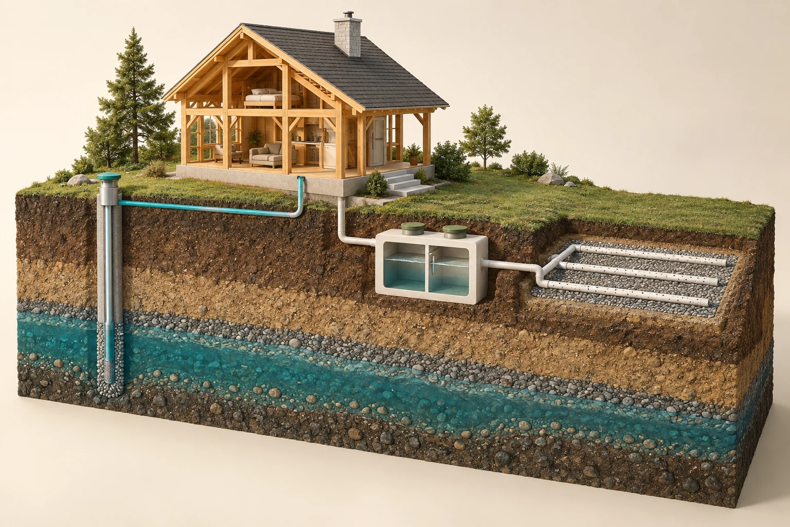 Conceptual 3D soil cutaway with an open timber house, a capped well, a separate septic tank and parallel drainfield laterals.