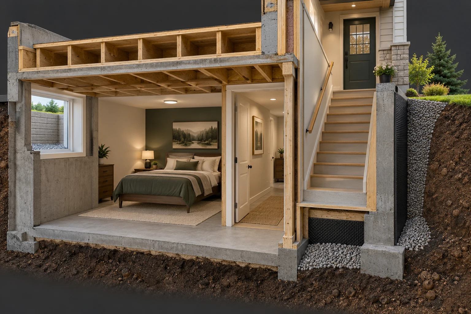 Basement sleeping-room cutaway with window well, interior doorway and adjacent stair rising to an exterior door.