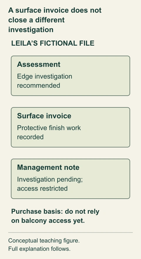 A surface invoice does not close a different investigation. The fictional record sequence separates an assessment recommendation, surface work and a later access restriction. Leila asks for the missing edge investigation before relying on normal balcony use.