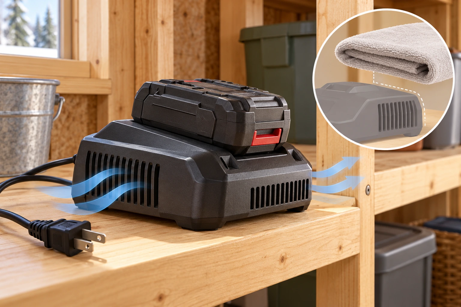 Disconnected charger and closed battery on a firm shelf, with enlarged ventilation slots and conceptual airflow outside them.