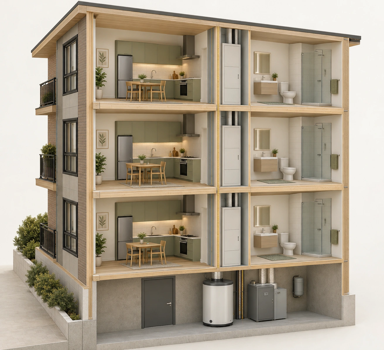Three furnished apartment levels above a lower equipment area, with closed central service covers, vertical route forms and closed heating equipment.