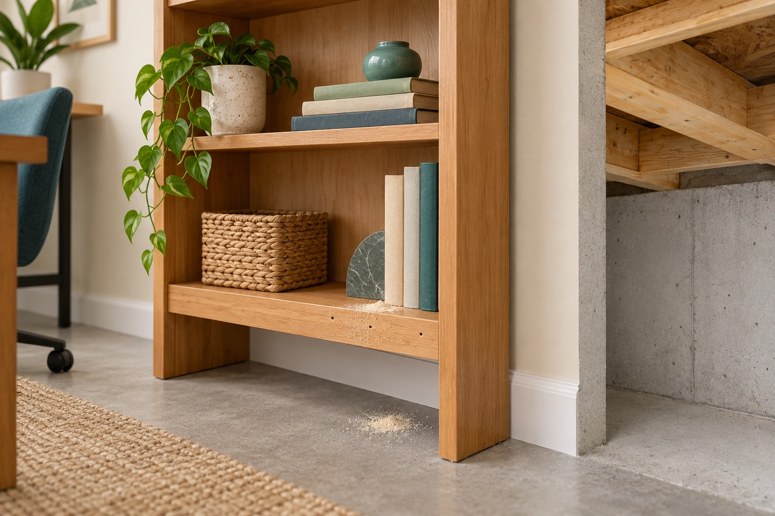 The shelving unit has small holes and residue near its base, while house framing remains visibly separate. An object-related insect finding does not automatically establish a structural infestation.