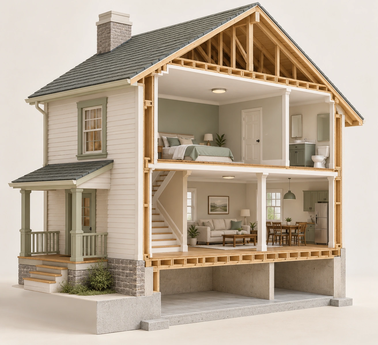 Intact roof/exterior and uniformly finished interior in a generic cutaway; no initiating-source finding or repaired-performance proof.