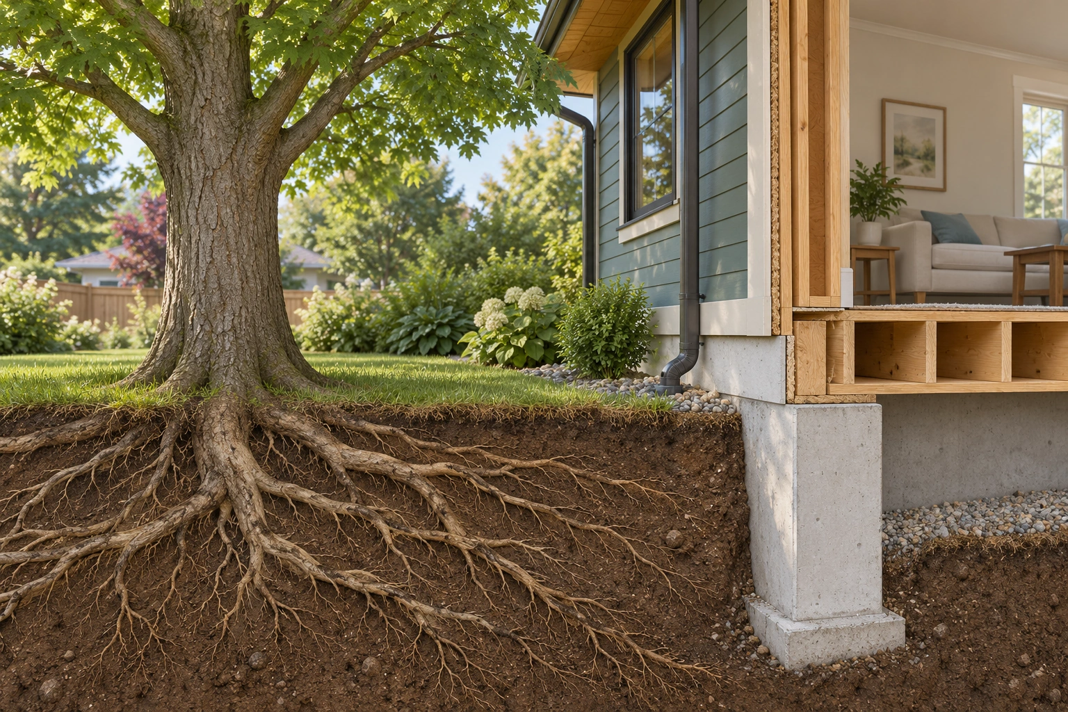 The tree’s canopy, trunk and conceptual roots sit beside a house cutaway with an intact foundation face. The image locates connected living functions and a nearby building without identifying a damage path.