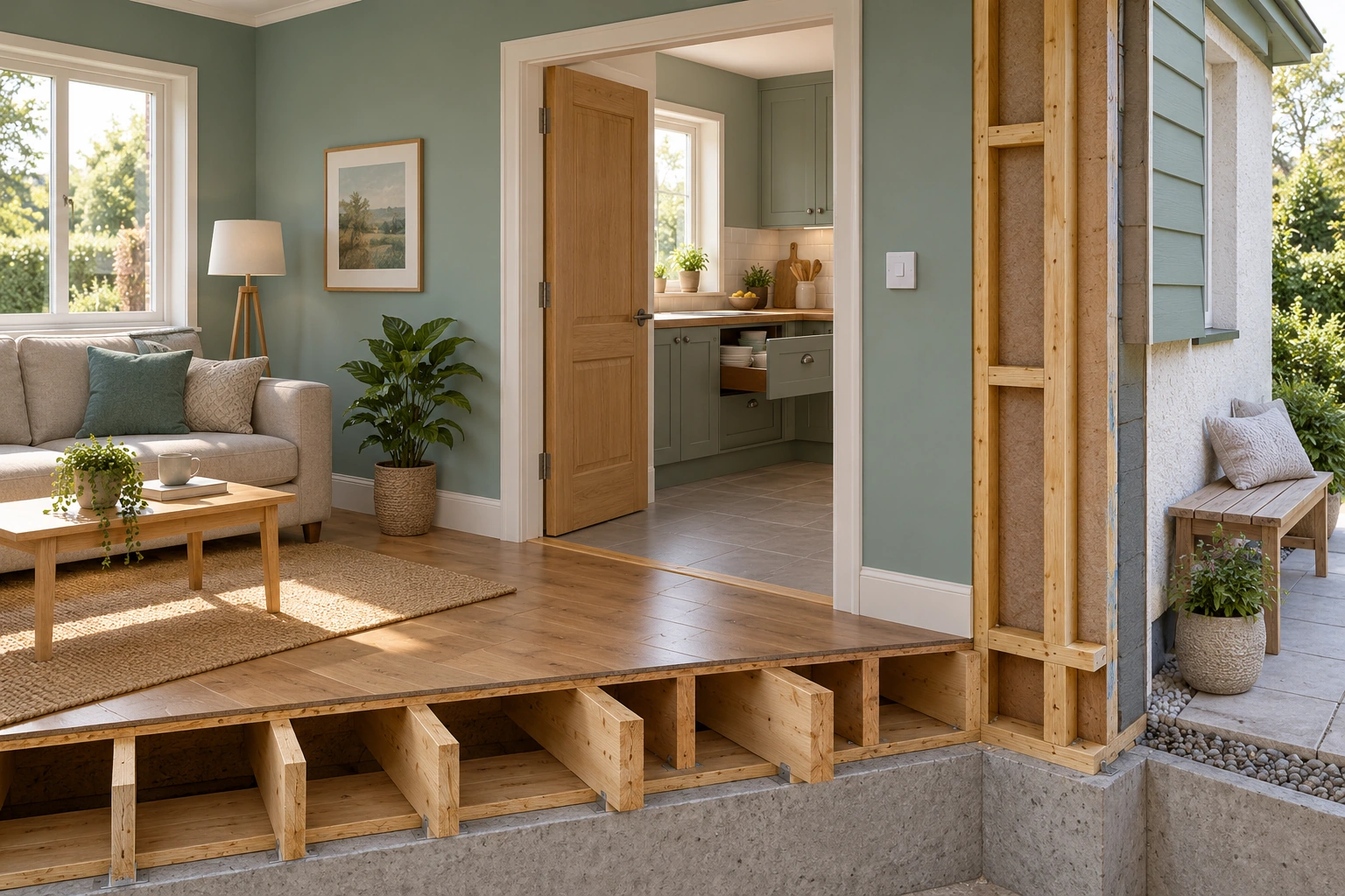 The living-room doorway has an external switch; a partly open kitchen drawer and seating show adjacent activity context.